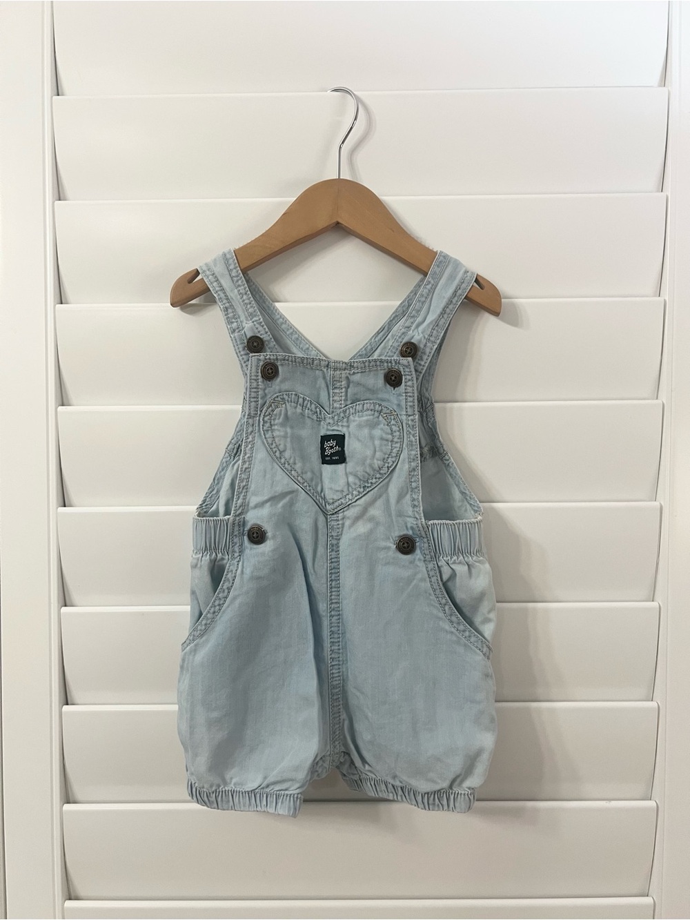 Baby B'Gosh Light Wash Chambray Denim Retro Heart Pocket Shortalls Overalls 18M